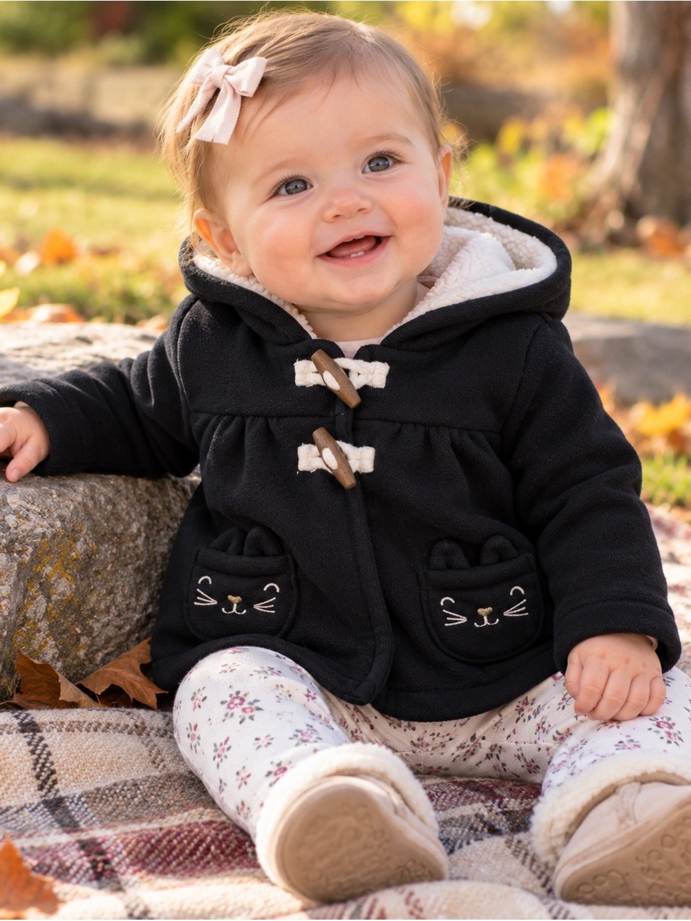 Carter’s Black Sweater Jacket w/ Cat Face Pockets & Sherpa-Lined Hood | 9M